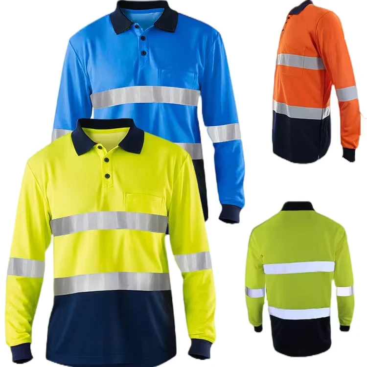 Men Birdeye Mesh Long Sleeve Safety Reflective Hi Vis Polo Work Shirt With Pockets for Workwear