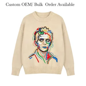 Men Clothes O Neck Knit Sweater Custom Abstract Color Line Portrait Print Oversized Knitwear OEM ODM Direct Factory