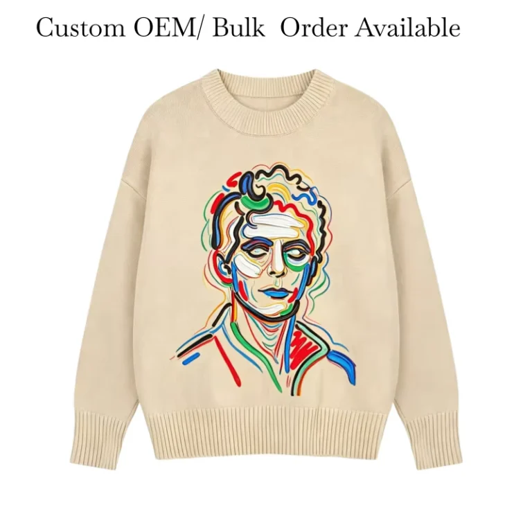 Men-Clothes-O-Neck-Knit-Sweater-Custom-Abstract-Color-Line-Portrait-Print-Oversized-Knitwear-OEM-ODM-Direct-Factory