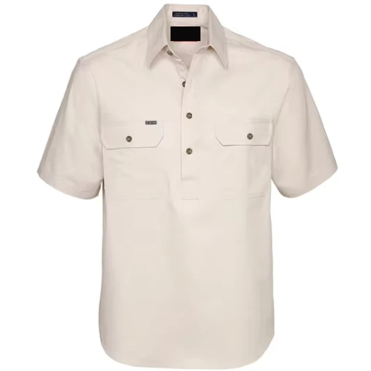 Men-Half-Button-Short-Sleeves-Double-Pocket-Workshirts-Cotton-Twill-Shirts-Security-Uniform-Shirt