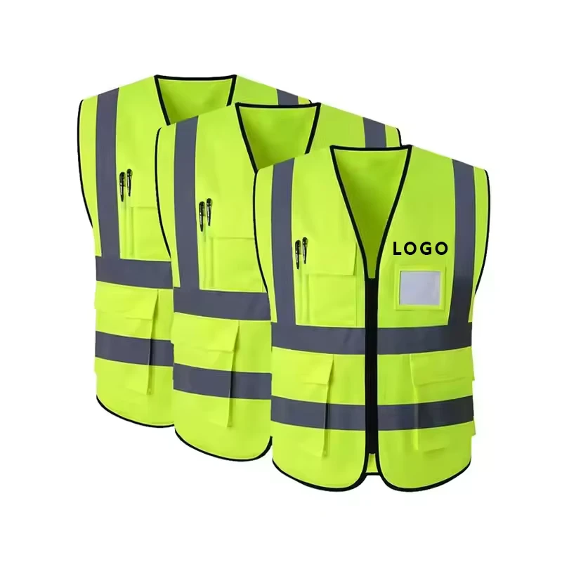 Men Hi Vis Vest Reflector Xxxl Construction Industrial Wear 100 Polyester Dark Green Security Safety Vest with Pockets Zipper
