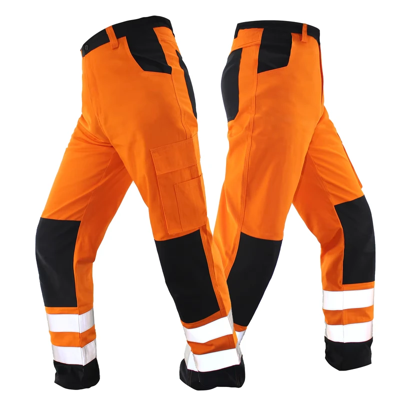 Men Orange 100% Cotton Reflective Safety Trousers Workwear Orange Cargo Work Pants for Construction Mining