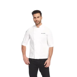 Men Stand Collar 3 4 Sleeve Chef Jacket Poly Cotton Blend Back Vent Tie Back Kitchen Uniform White Catering Cook Coat