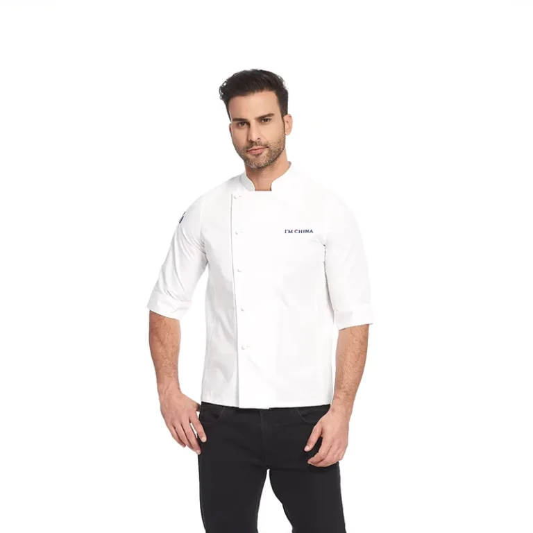Men-Stand-Collar-3-4-Sleeve-Chef-Jacket-Poly-Cotton-Blend-Back-Vent-Tie-Back-Kitchen-Uniform-White-Catering-Cook-Coat