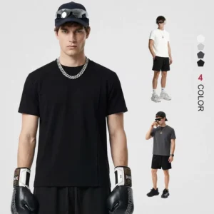Men T Shirt 220GSM Lyocell Cotton Cool Feeling Splicing Design Short Sleeve Sport Slim Casual Breathable Tshirt
