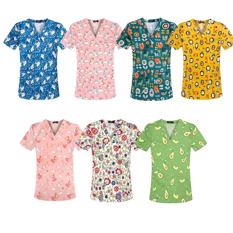 Men Women v Neck Nurse Uniforms Printed t Shirt Short Sleeve Dental Oral Doctor Pet Hospital Uniform Top Scrubs Tops t Shirts