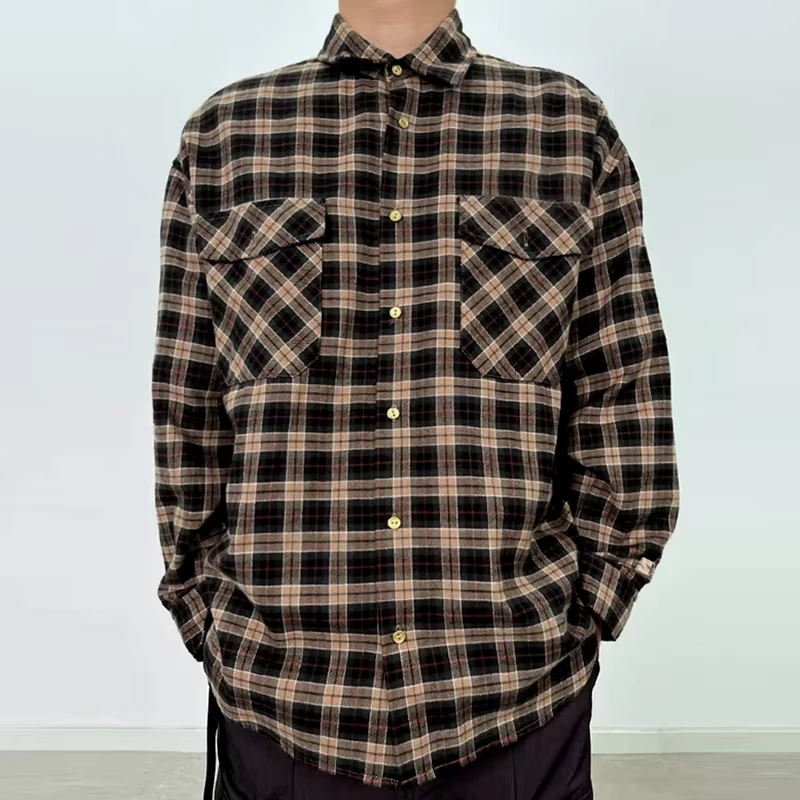 Men's 100% Cotton Casual Shirt Custom Logo High Quality Brown Check Pattern With Embroidered Color Print Winter Season