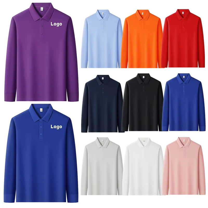 Men's 100% Cotton Long-Sleeve Polo Shirt with Custom Logo Printing or Embroidery