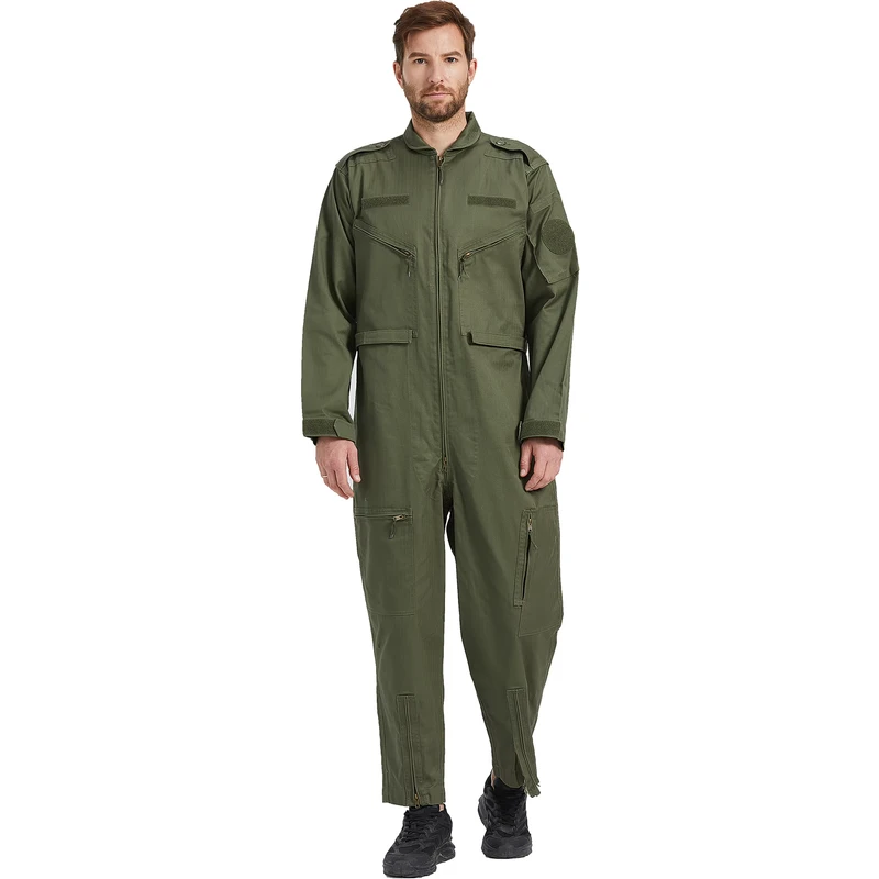 Men's 100% Cotton Olive Green Zip up Pockets Hook and Loop Style Casual Work Wear Plain Rip Stop Grid One Piece Coveralls