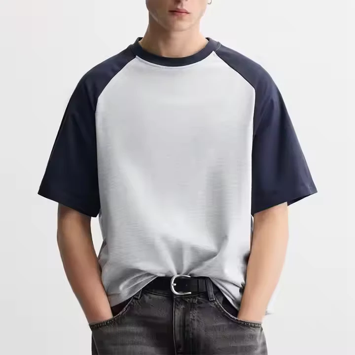 Mens-100-Cotton-Vintage-Contrast-T-Shirt-Loose-Fit-Short-Sleeve