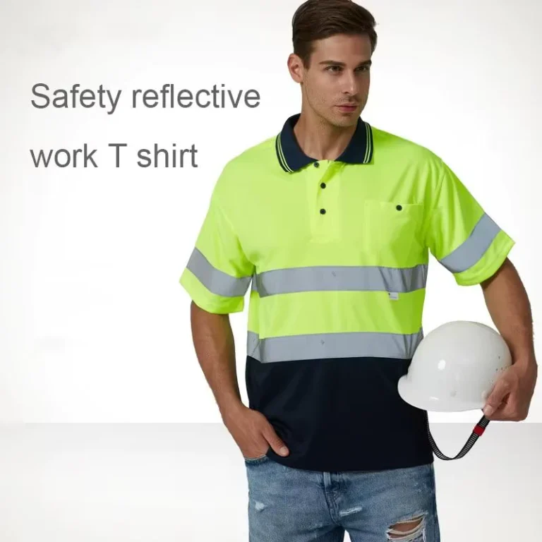 Mens-100-Polyester-Reflective-Safety-ANSI-Class-2-Fluorescent-Yellow-Polo-T-Shirt-Customized-Logo-High-Visibility-Workwear