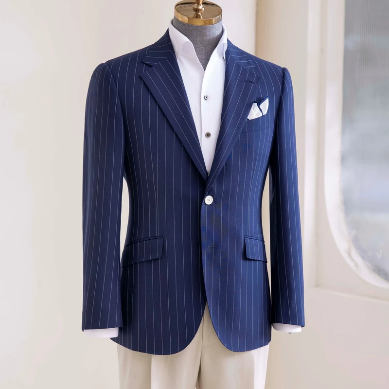 Men's 100% Wool Bespoke Wedding Suit Navy Blue Super British Fabric Single Breasted Design Pant Coat