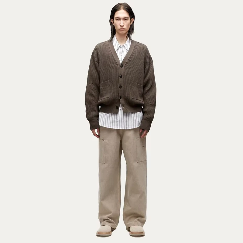 Men's 100% Wool Full Cardigan V-Neck Sweater, Knitted Outwear Top