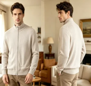 Men’s 100% Wool Turtleneck Two-Way Zip Knitted Cardigan Sweater Slim Fit