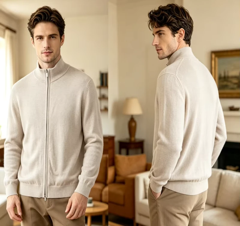 Men's 100% Wool Turtleneck Two-Way Zip Knitted Cardigan Sweater Slim Fit