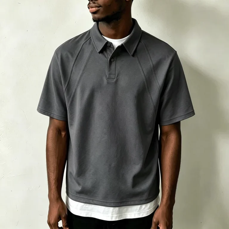 Mens-260gsm-Cotton-Polo-Shirt-Plus-Size-Drop-Shoulder-Raw-Hem-Ribbed-Collar