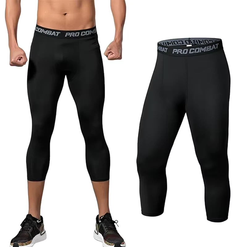 Men's 3 4 Compression Pants Athletic Baselayer Workout Sports Running Legging Tights for Men
