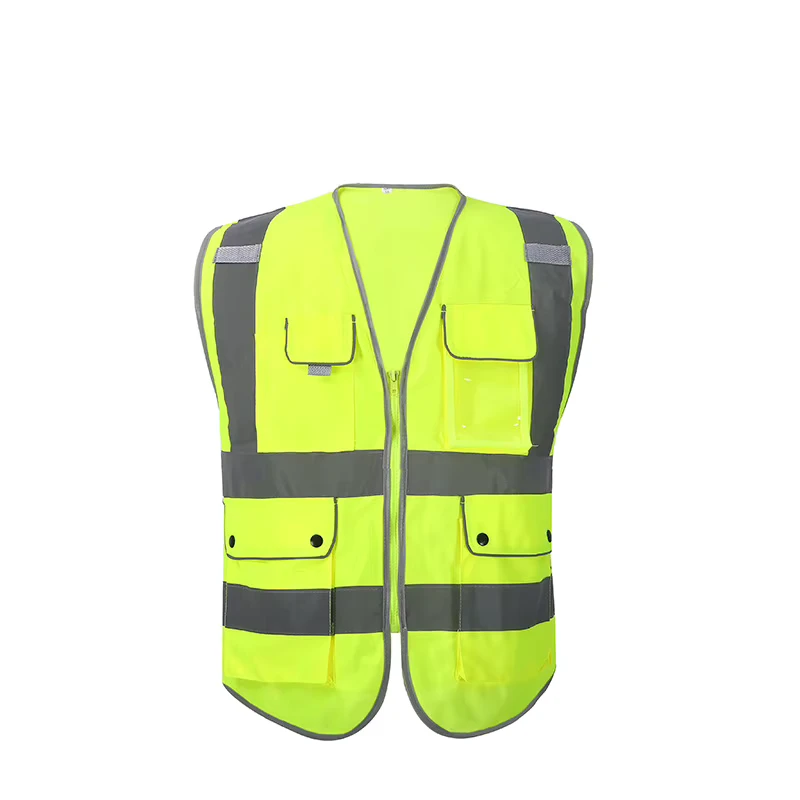 Men's ANSI Class 2 High-Visibility Reflective Polyester Safety Vest with Multiple Pockets