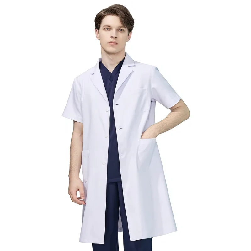 Men's Adjustable White Woven Lab Coat Nurse Biology Coat