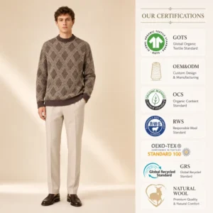 Men’s Argyle Jacquard Cotton Crew Neck Pullover Cotton Textured Knit Jumper For Men