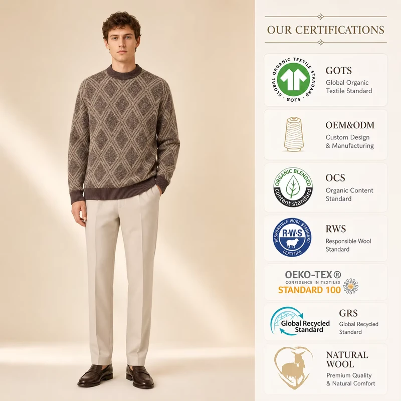 Men's Argyle Jacquard Cotton Crew Neck Pullover Cotton Textured Knit Jumper For Men