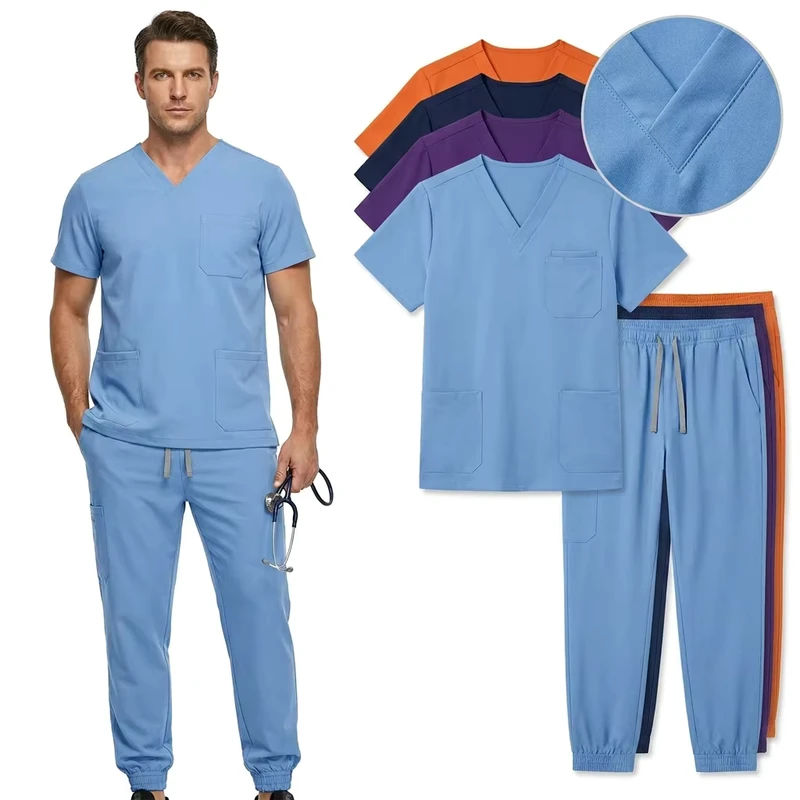 Men's Athletic Fit Medical Scrubs Set 4-Way Stretch Antimicrobial Multi-Pocket Jogger Uniform for Dental Spa Clinic Doctors