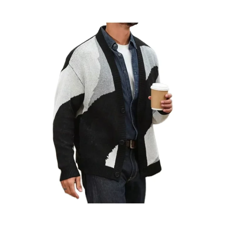 Mens-Autumn-Winter-Black-White-Gray-V-Neck-Full-Sleeve-Solid-Cardigan-Sweater