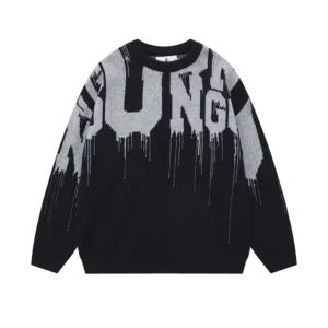 Men’s Autumn Winter Breathable Cotton Knitted Long Sleeve Crewneck OverSize Jacquard Sweater