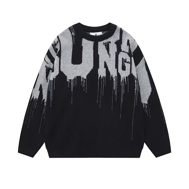 Men's Autumn Winter Breathable Cotton Knitted Long Sleeve Crewneck OverSize Jacquard Sweater