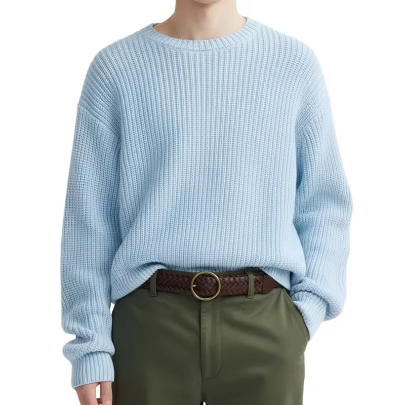 Men's Autumn and Winter Casual Loose Thick Knitted Breathable Anti Shrink and Wrinkle Resistant Pullover Sweater with Front Logo
