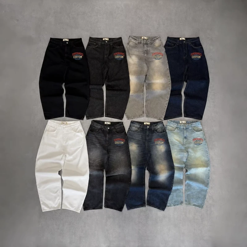 Men's Baggy Jeans Multi-Wash Barrel Fit Denim Pants with Logo Patch