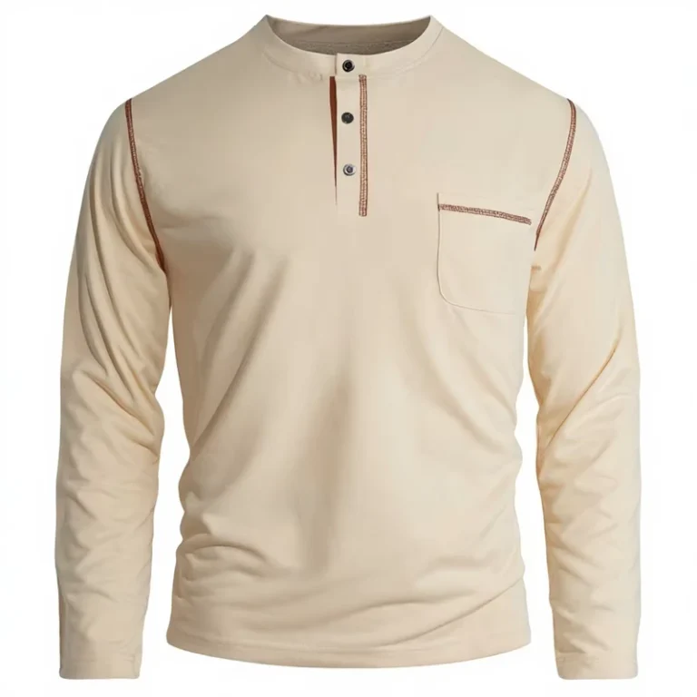Mens-Beaded-Polyester-Long-Sleeve-Stand-Collar-Shirt-Solid-Color