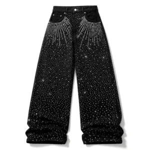 Men’s Black Denim Jeans Rhinestone Studded Baggy Fit Wide Leg Streetwear