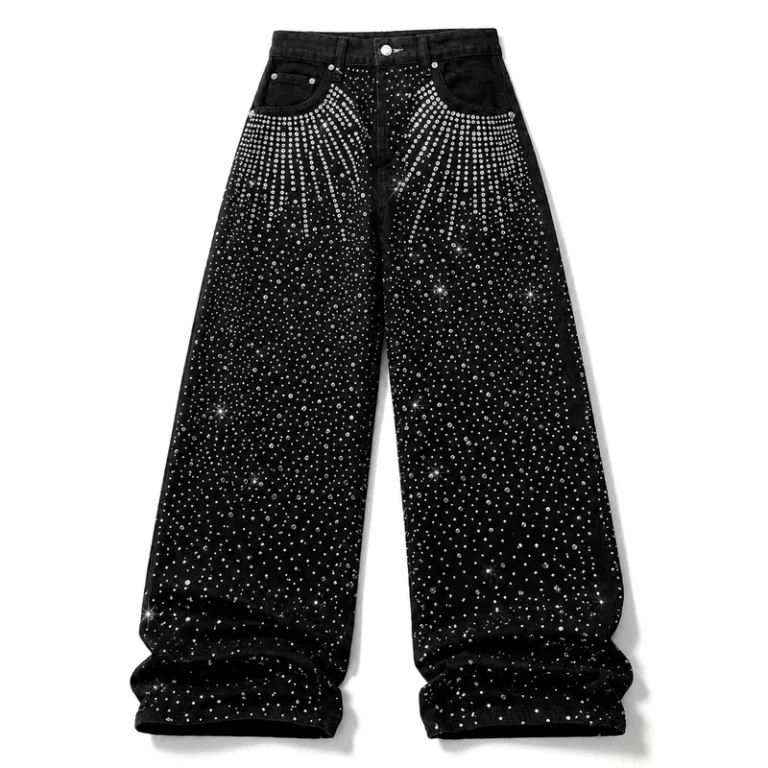 Mens-Black-Denim-Jeans-Rhinestone-Studded-Baggy-Fit-Wide-Leg-Streetwear