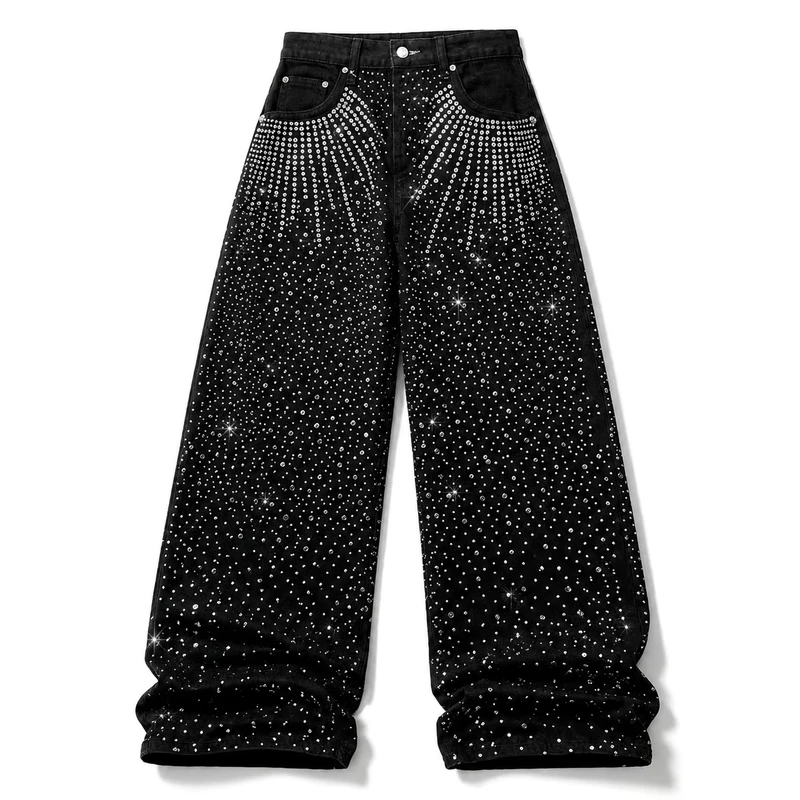 Men's Black Denim Jeans Rhinestone Studded Baggy Fit Wide Leg Streetwear