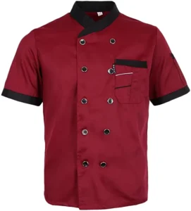 Men’s Black Polyester Cotton Chef Uniform with Red Trim Long-Sleeve Restaurant Kitchen Jacket