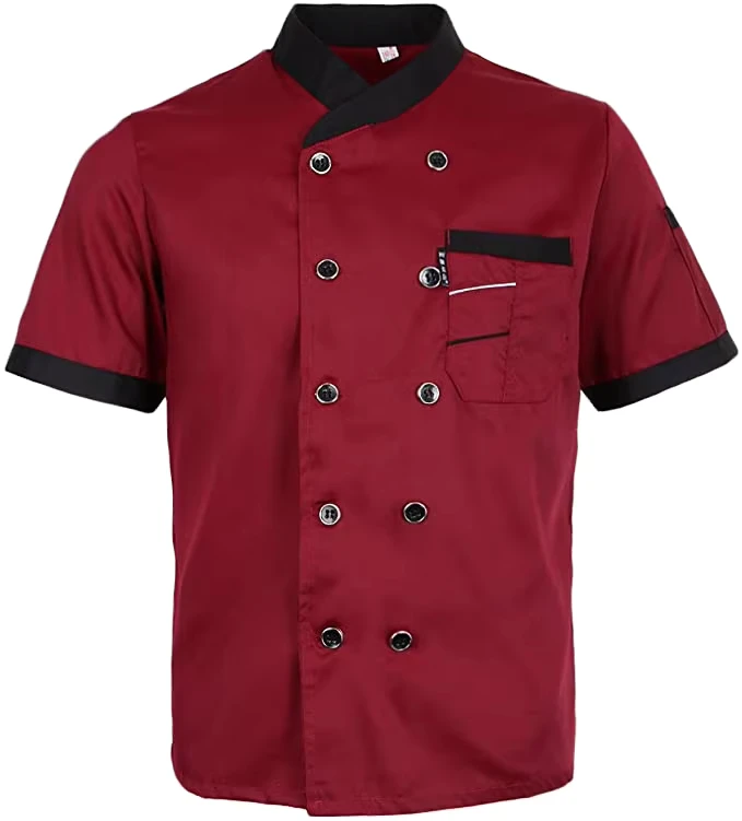 Men's Black Polyester Cotton Chef Uniform with Red Trim Long-Sleeve Restaurant Kitchen Jacket