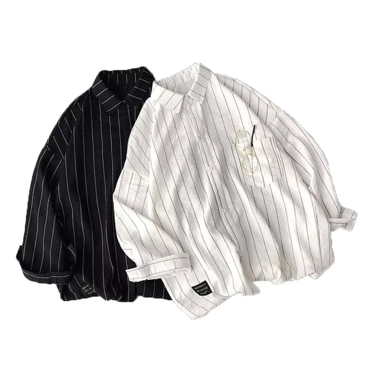 Mens-Black-and-White-Stripe-100-Cotton-Dress-Shirt-Casual-Plus-Size