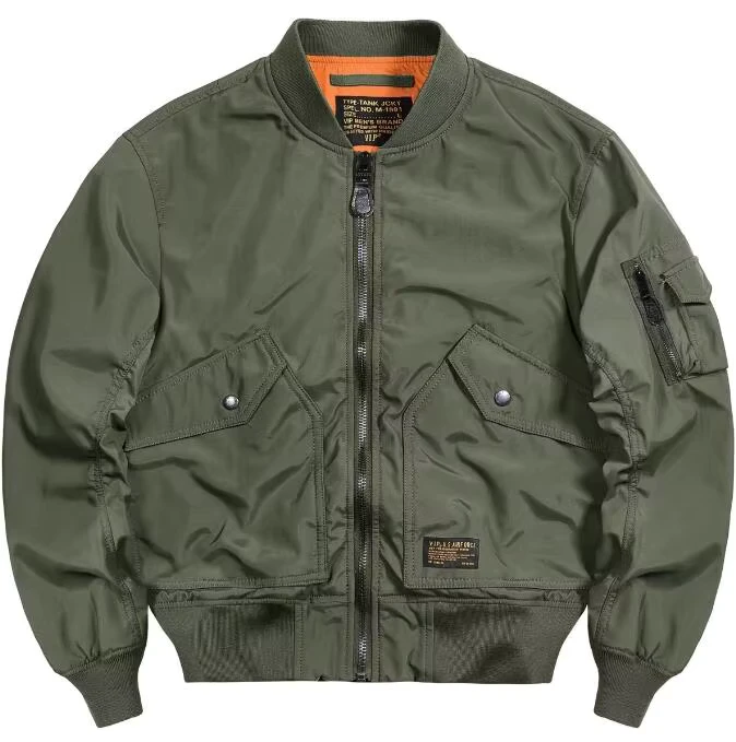Men's Bomber Jacket American Style Vintage Patchwork MA-1 Pilot Canvas Washed Zipper