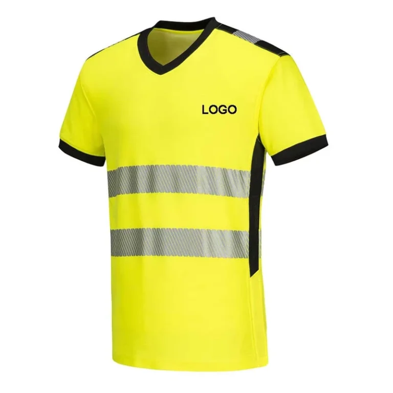 Mens-Breathable-Reflective-Safety-Hi-Vis-Shirts-Fluorescent-Yellow-Construction-Engineer-T-Shirt-V-Neck-Work-Wear-T-Shirt