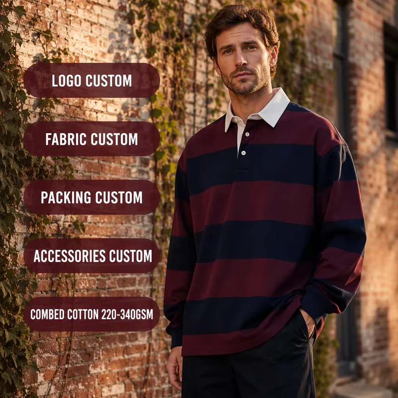 Men's Burgundy Striped Cotton Oversized Rugby Polo Shirt Long Sleeve Drop Shoulder White Collar
