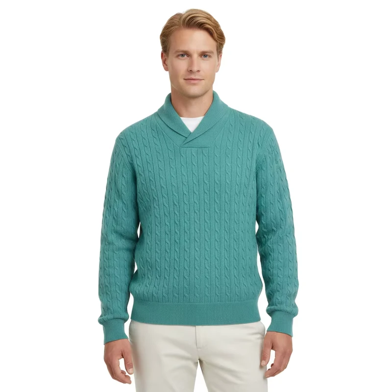 Men's Cable-Knit Sweater Long-Sleeve Turn-Down Collar Pullover