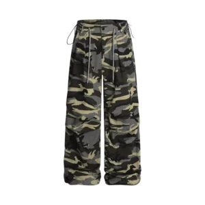 Men’s Camo Printed Polyester Cotton Sweatpants Elastic Waist Mid Rise Straight Baggy Streetwear
