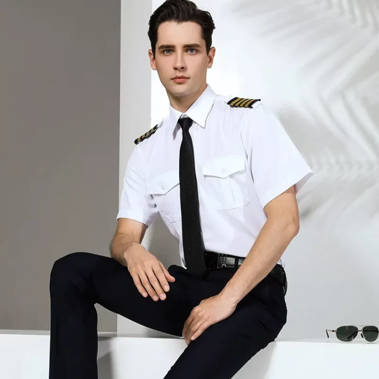 Mens-Captains-Uniform-Pilot-Long-Sleeve-Shirt-White-Button-Polyester-In-Stock-7-Day-Sample-Lead-Time-for-Airline-Cabin-Crew