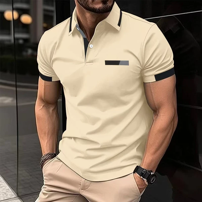 Men's Casual Polo Shirts Chest Pocket Lapel Collar Button Business T Shirts Summer Tops