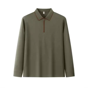 Men’s Casual Solid Color Polyester Cotton Shirt Lapel Zipper Long Sleeved Autumn Winter Top Knitted Fabric Custom Front Logo