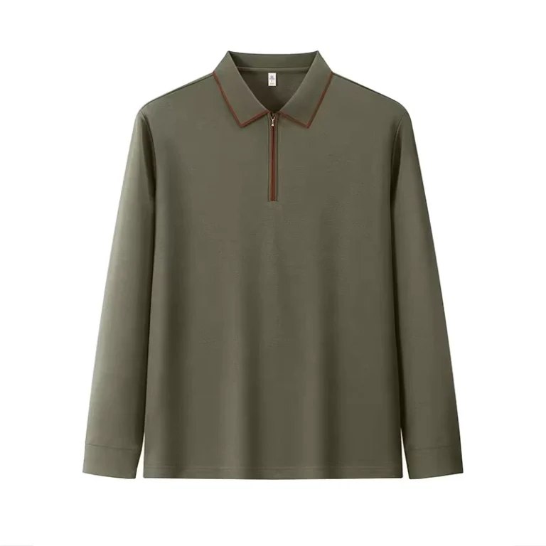 Mens-Casual-Solid-Color-Polyester-Cotton-Shirt-Lapel-Zipper-Long-Sleeved-Autumn-Winter-Top-Knitted-Fabric-Custom-Front-Logo