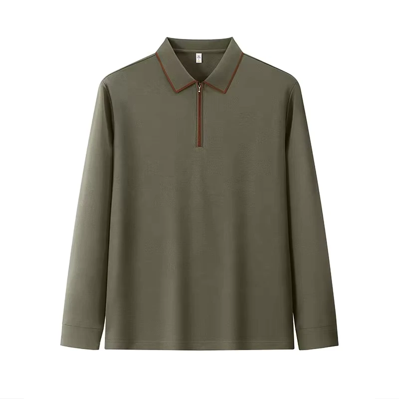 Men's Casual Solid Color Polyester Cotton Shirt Lapel Zipper Long Sleeved Autumn Winter Top Knitted Fabric Custom Front Logo
