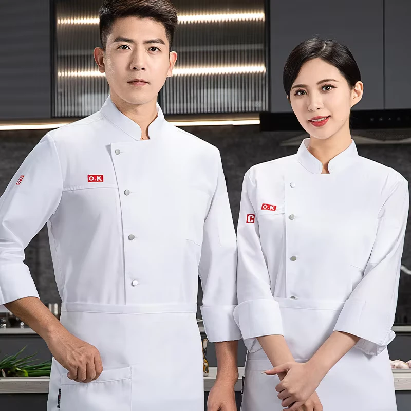 Men's Chef Jacket and Hotel Uniform, Long and Short Sleeves, Breathable Mesh, 100% Polyester, Embossed Printing, Button Closure