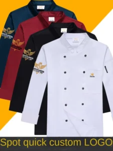 Men’s Chef Work Clothes Autumn Winter Polyester Long Sleeve Hang Tag for Catering Tea House Hotel Kitchen Baking